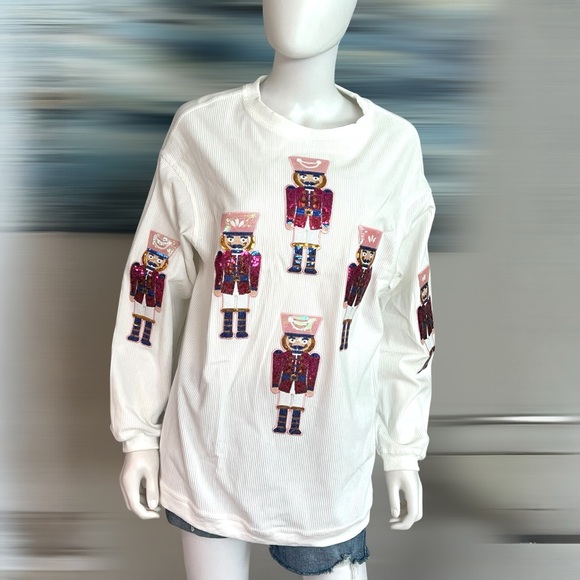 White corded sequin soldier holiday top S M L XL 2XL - Picture 5 of 9